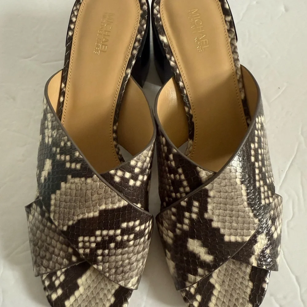 Michael Kors Brown Snake Print Mules Slides Chunky Block Heel Sandals Women 7